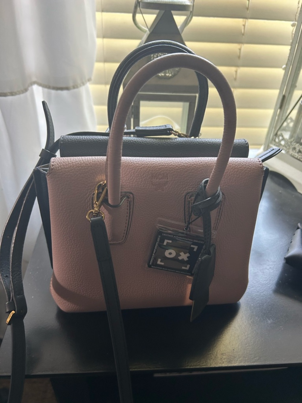 MCM Pink and Black Leather Satchel with Gold Hardware